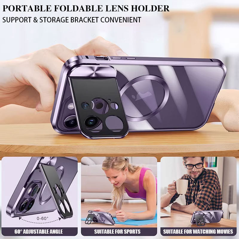 Newest HD Transparent Metal Case Cover with Large Window Camera Folding Holder Magnetic for iPhone 13 iPhone 14