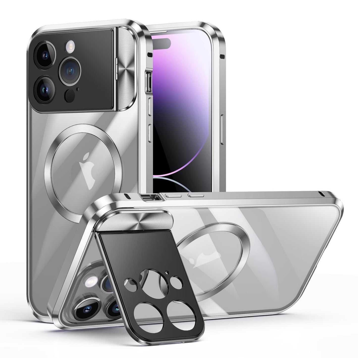 Newest HD Transparent Metal Case Cover with Large Window Camera Folding Holder Magnetic for iPhone 13 iPhone 14
