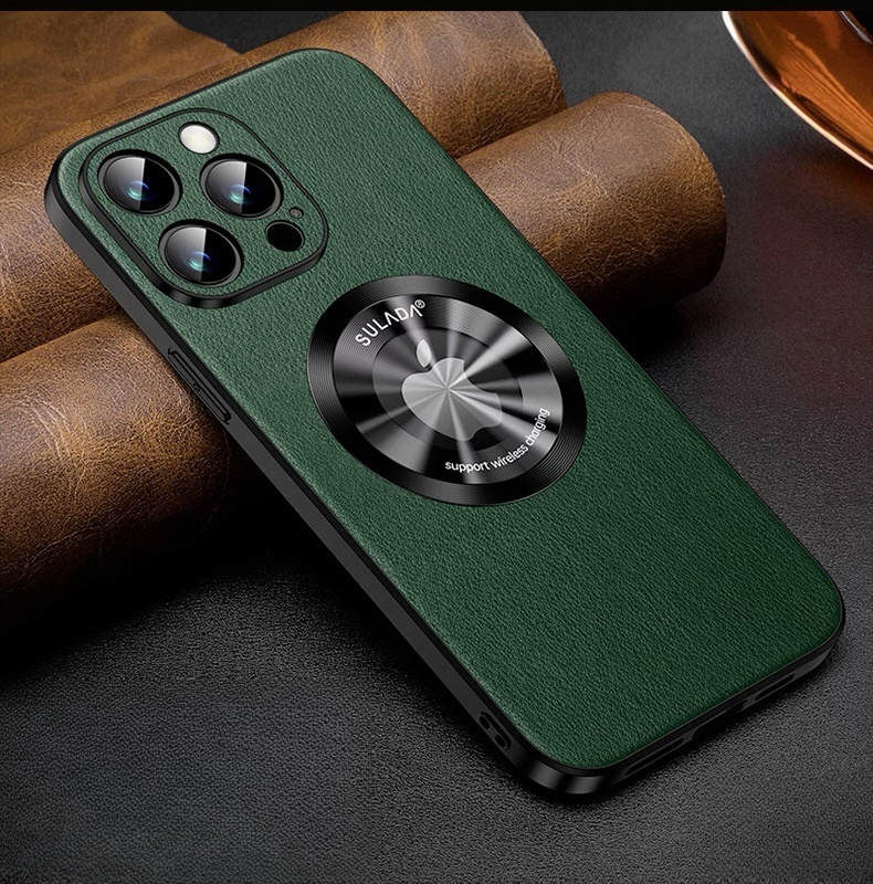 Genuine Leather Metal Frame Anti Drop Magnetic Suction Case Cover for iPhone 12-15