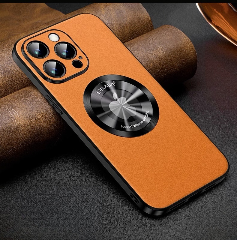Genuine Leather Metal Frame Anti Drop Magnetic Suction Case Cover for iPhone 12-15