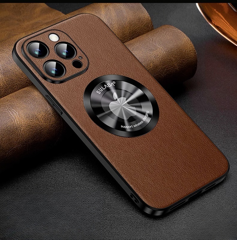 Genuine Leather Metal Frame Anti Drop Magnetic Suction Case Cover for iPhone 12-15