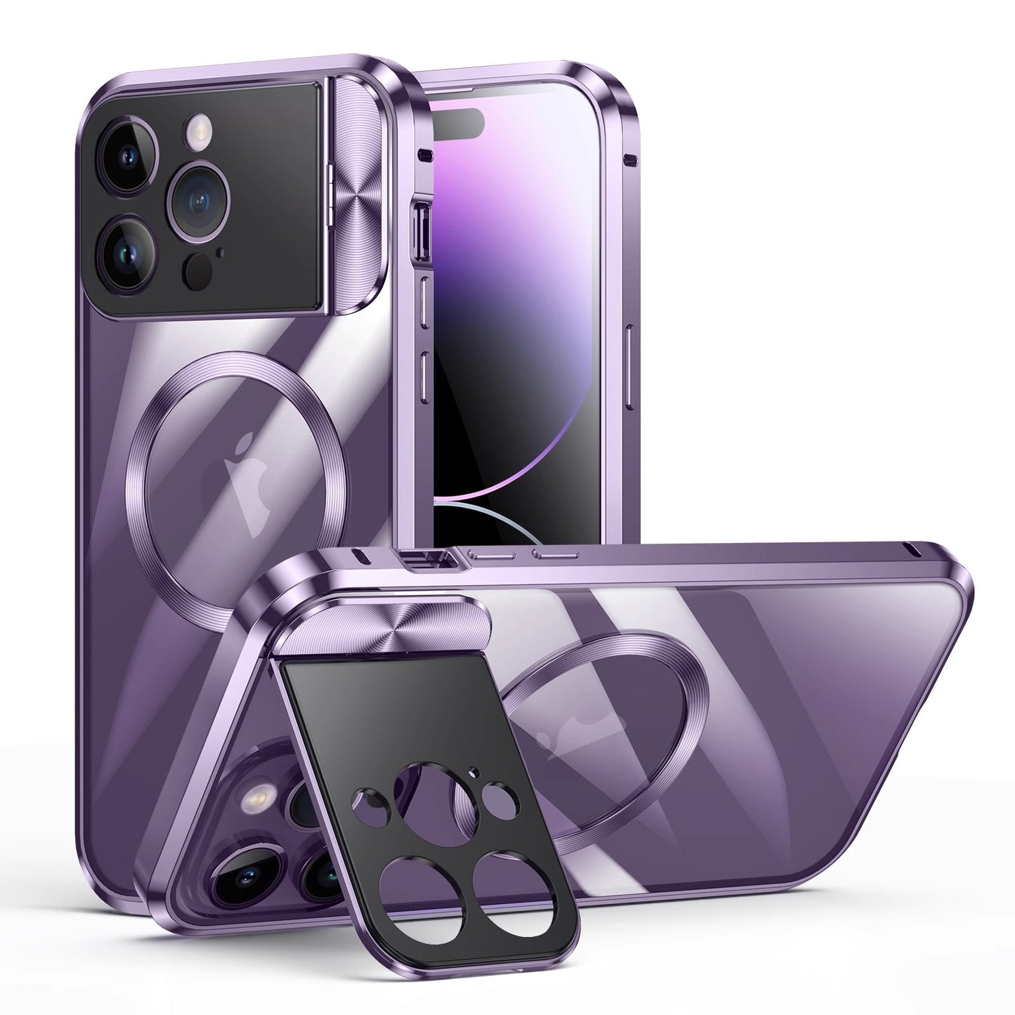 Newest HD Transparent Metal Case Cover with Large Window Camera Folding Holder Magnetic for iPhone 13 iPhone 14