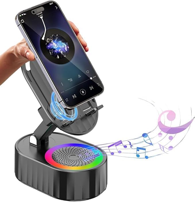 Wireless Induction Bluetooth Speaker, 5in1 Phone Holder, 3000mAh Battery, Ambient Light, 300° Foldable for Tablet/Phone, Black