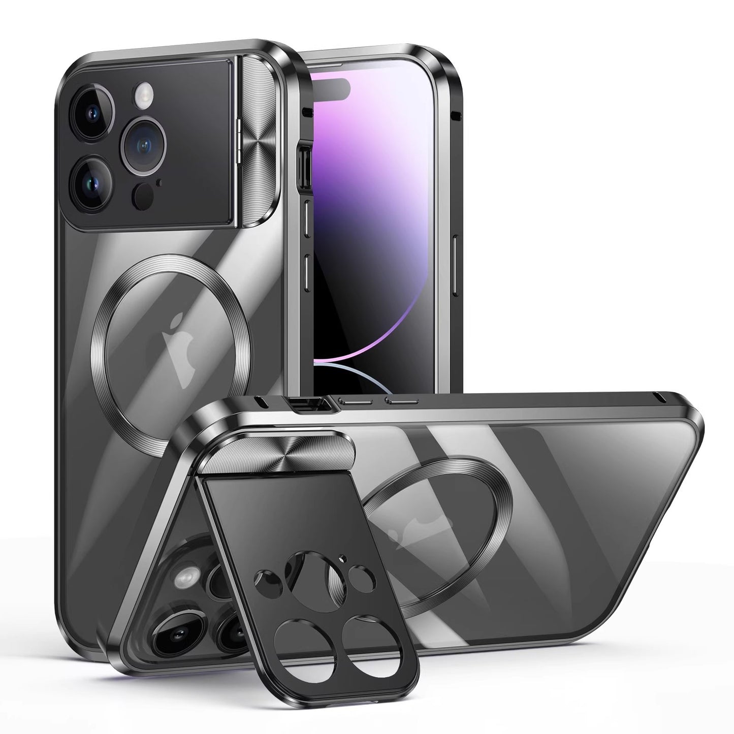 Newest HD Transparent Metal Case Cover with Large Window Camera Folding Holder Magnetic for iPhone 13 iPhone 14