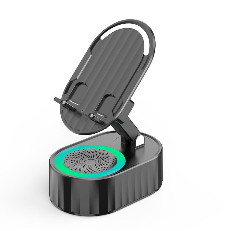 Wireless Induction Bluetooth Speaker, 5in1 Phone Holder, 3000mAh Battery, Ambient Light, 300° Foldable for Tablet/Phone, Black