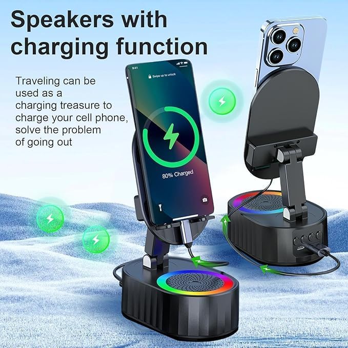 Wireless Induction Bluetooth Speaker, 5in1 Phone Holder, 3000mAh Battery, Ambient Light, 300° Foldable for Tablet/Phone, Black
