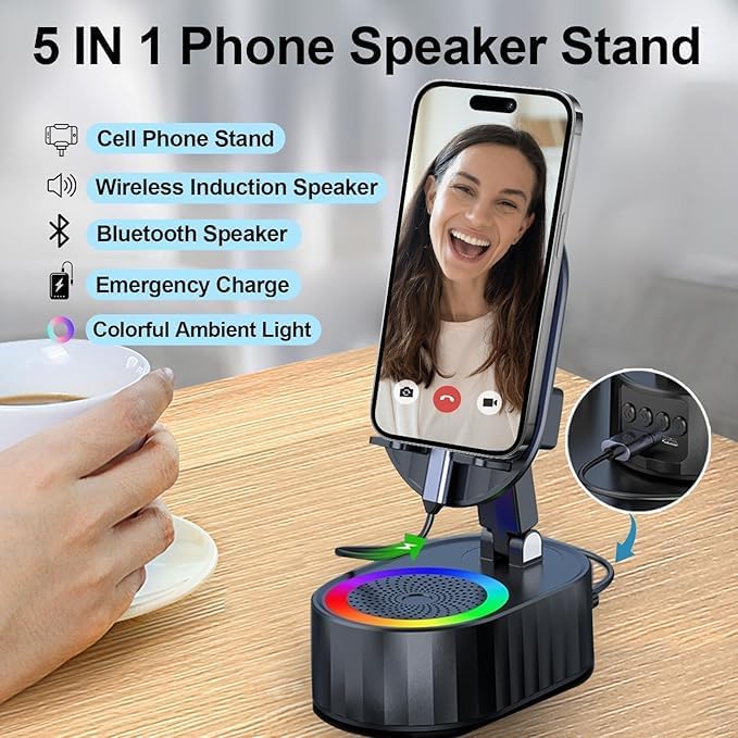 Wireless Induction Bluetooth Speaker, 5in1 Phone Holder, 3000mAh Battery, Ambient Light, 300° Foldable for Tablet/Phone, Black