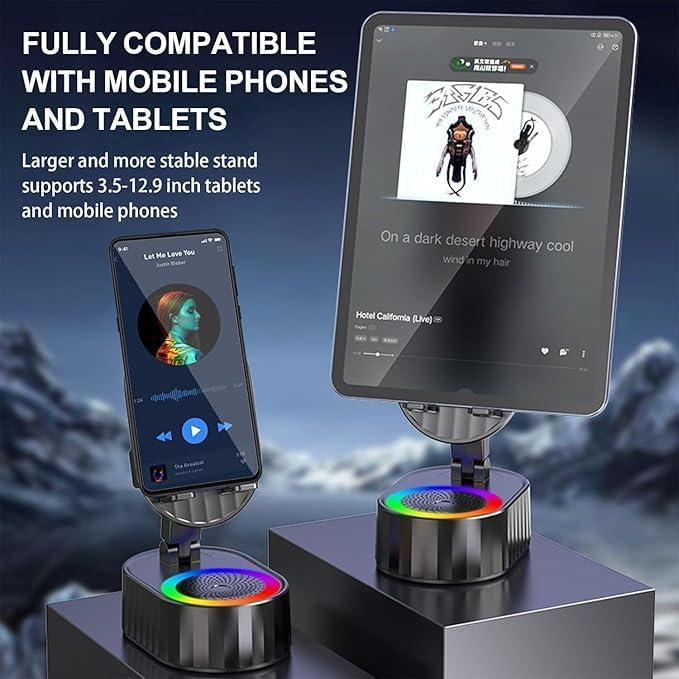Wireless Induction Bluetooth Speaker, 5in1 Phone Holder, 3000mAh Battery, Ambient Light, 300° Foldable for Tablet/Phone, Black