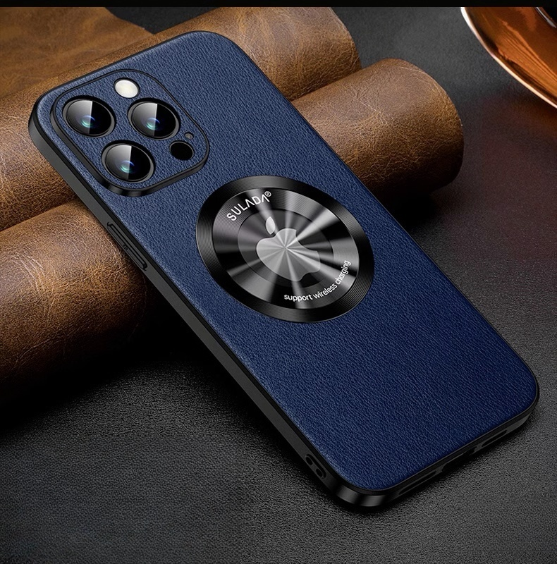 Genuine Leather Metal Frame Anti Drop Magnetic Suction Case Cover for iPhone 12-15