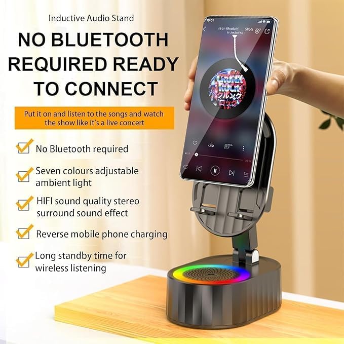 Wireless Induction Bluetooth Speaker, 5in1 Phone Holder, 3000mAh Battery, Ambient Light, 300° Foldable for Tablet/Phone, Black
