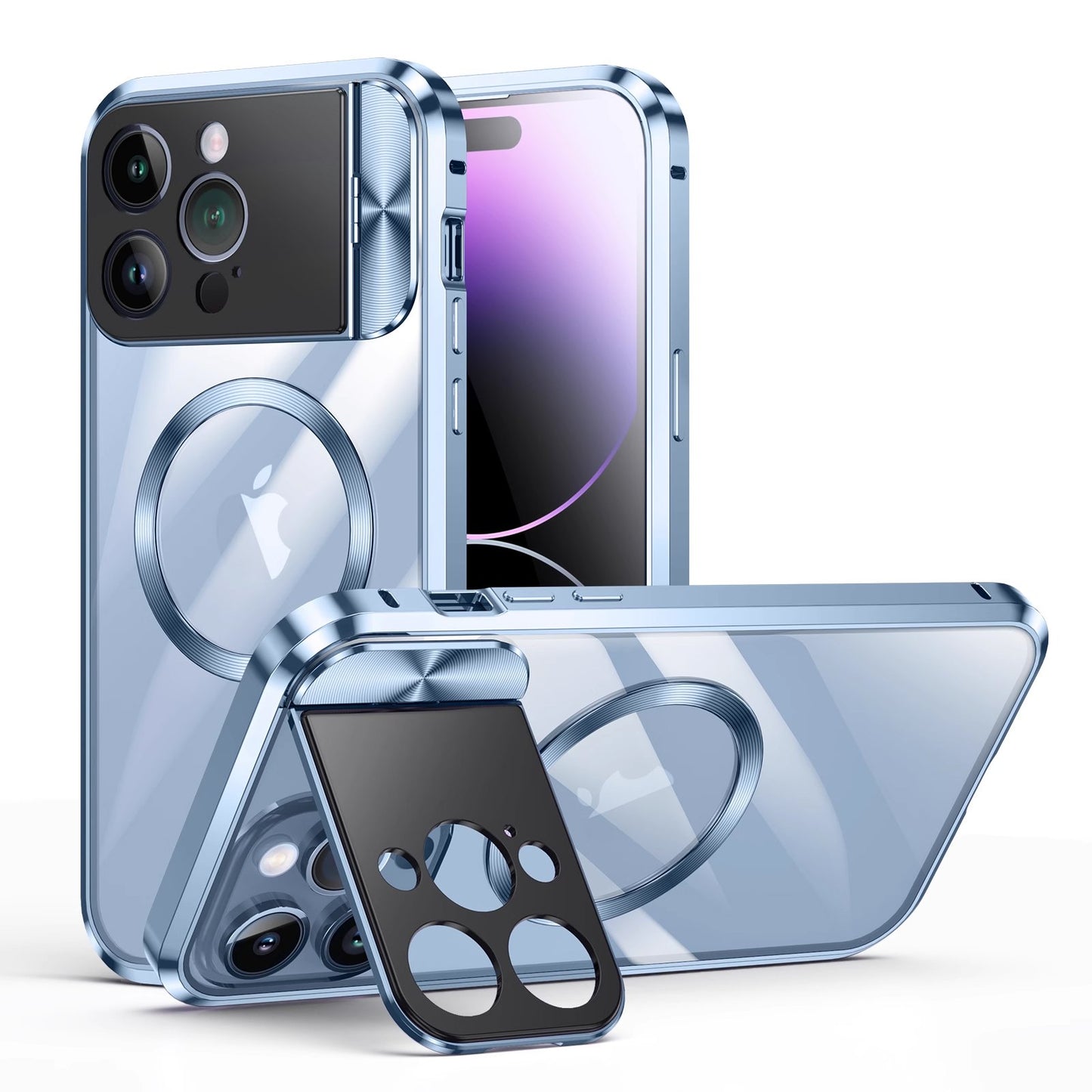 Newest HD Transparent Metal Case Cover with Large Window Camera Folding Holder Magnetic for iPhone 13 iPhone 14