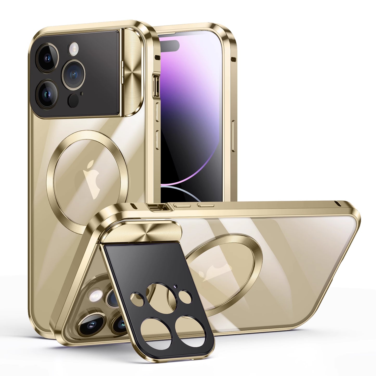 Newest HD Transparent Metal Case Cover with Large Window Camera Folding Holder Magnetic for iPhone 13 iPhone 14