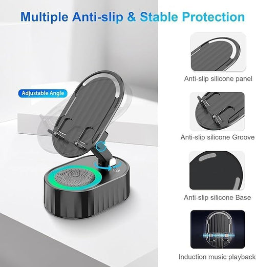 Wireless Induction Bluetooth Speaker, 5in1 Phone Holder, 3000mAh Battery, Ambient Light, 300° Foldable for Tablet/Phone, Black