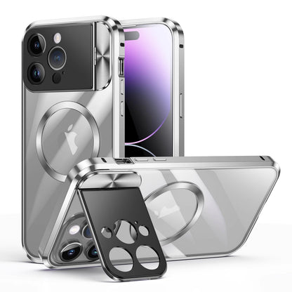 Newest HD Transparent Metal Case Cover with Large Window Camera Folding Holder Magnetic for iPhone 13 iPhone 14