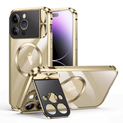 Newest HD Transparent Metal Case Cover with Large Window Camera Folding Holder Magnetic for iPhone 13 iPhone 14
