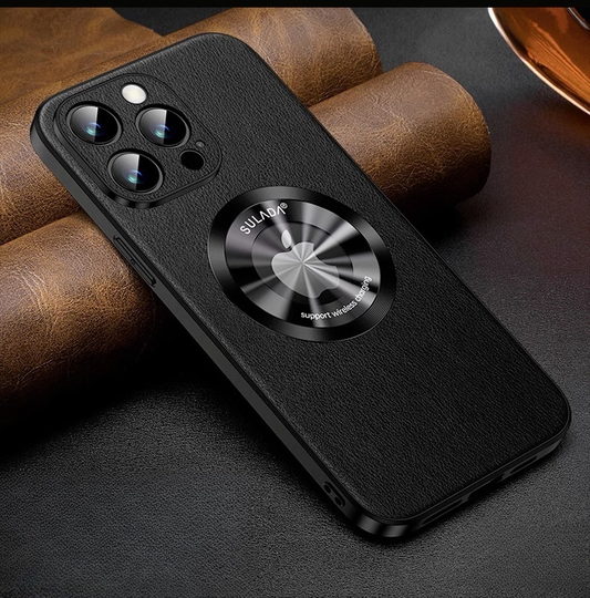 Genuine Leather Metal Frame Anti Drop Magnetic Suction Case Cover for iPhone 12-15